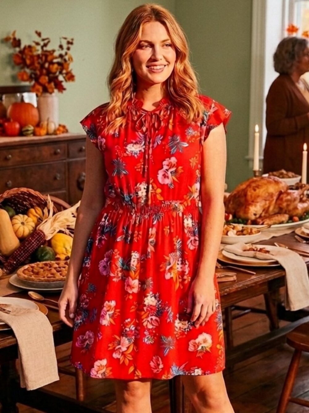 LOFT Red Foral Smocked Swing Dress L